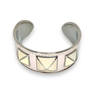 REBECCA MINKOFF SILVER WHITE LEATHER ENAMEL PYRAMID STUD CUFF BRACELET